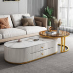 Modern Oval Coffee Table with Marble Top and Storage large duo - Image 2