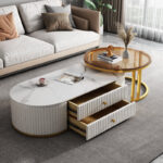 Modern Oval Coffee Table with Marble Top and Storage large duo - Image 3